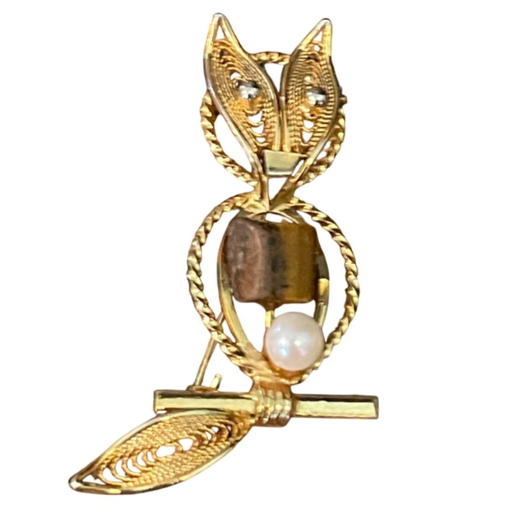 Vintage Gold Tone Filigree Owl Pin Brooch with Faux Pearl and Tigers Eye